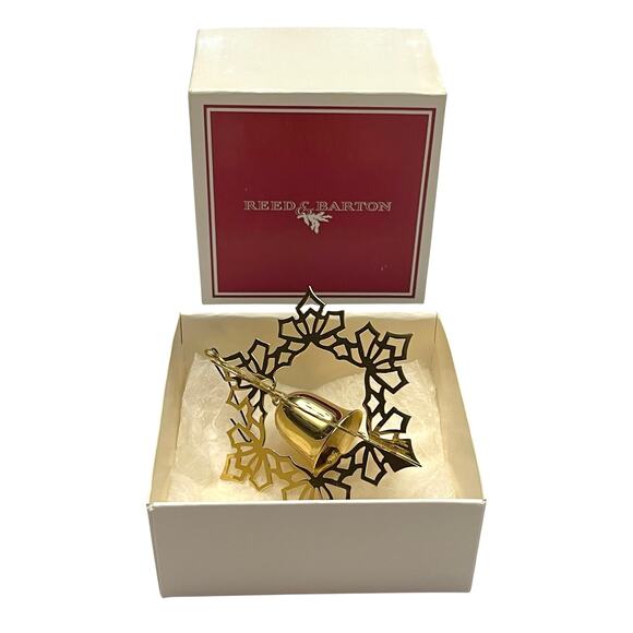 Vintage REED & BARTON 24K Gold Plated 3D CHRISTMAS ORNAMENT WITH BELL With Box - Picture 1 of 4